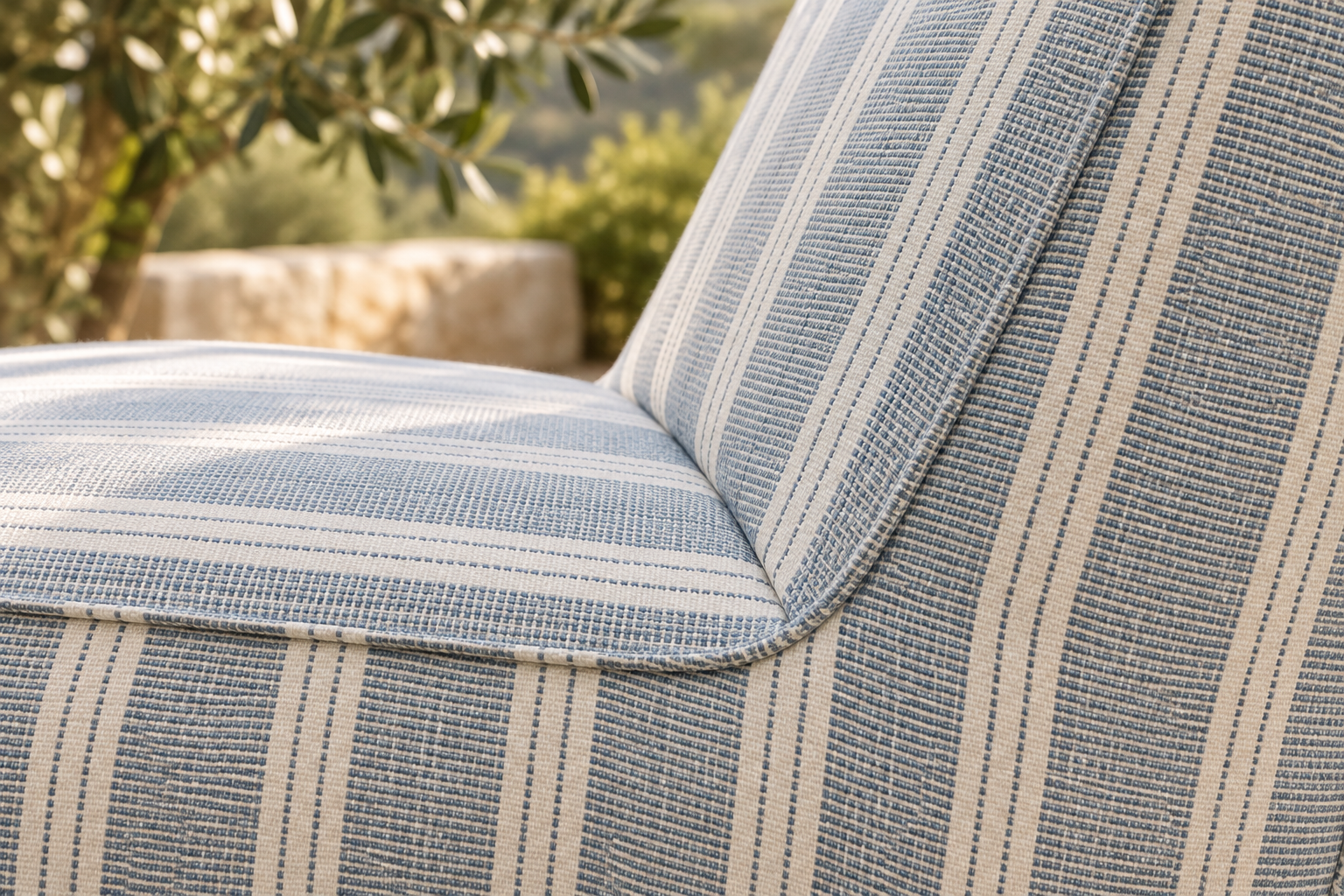 Close-up of Cove’s Dobby Stripe fabric and finished seams