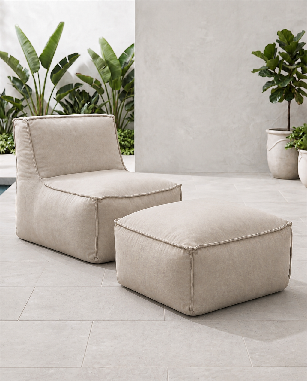 Cove outdoor lounge chair and matching ottoman in Cashmere Sunbrella fabric