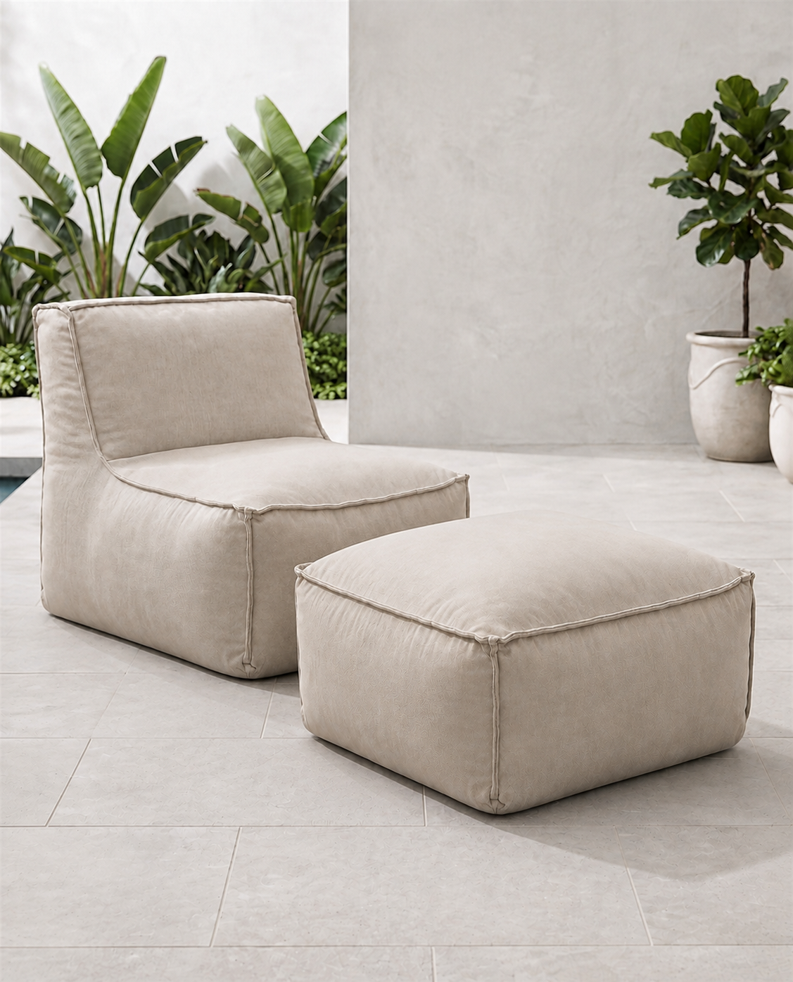 Cove outdoor lounge chair and matching ottoman in Cashmere Sunbrella fabric