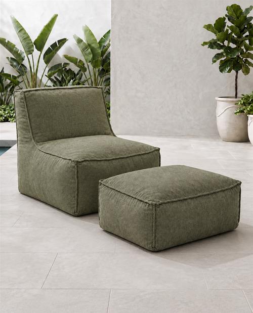 Cove outdoor lounge chair and matching ottoman in Willa Frond Sunbrella fabric