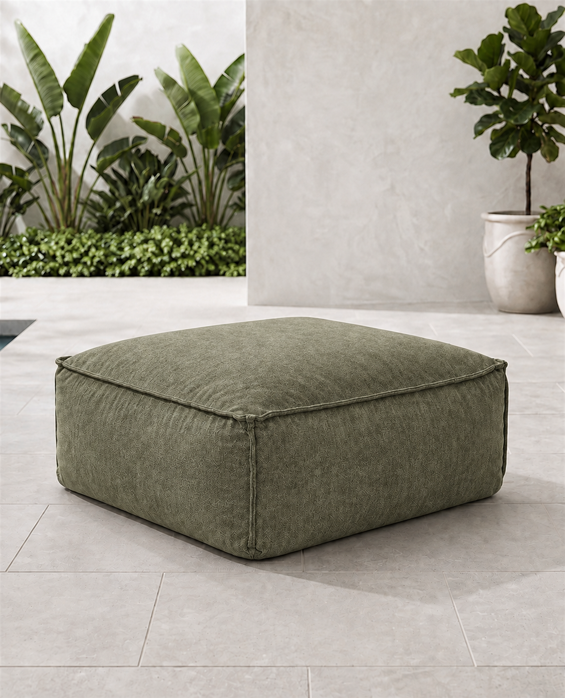 Cove outdoor ottoman in Willa Frond Sunbrella fabric
