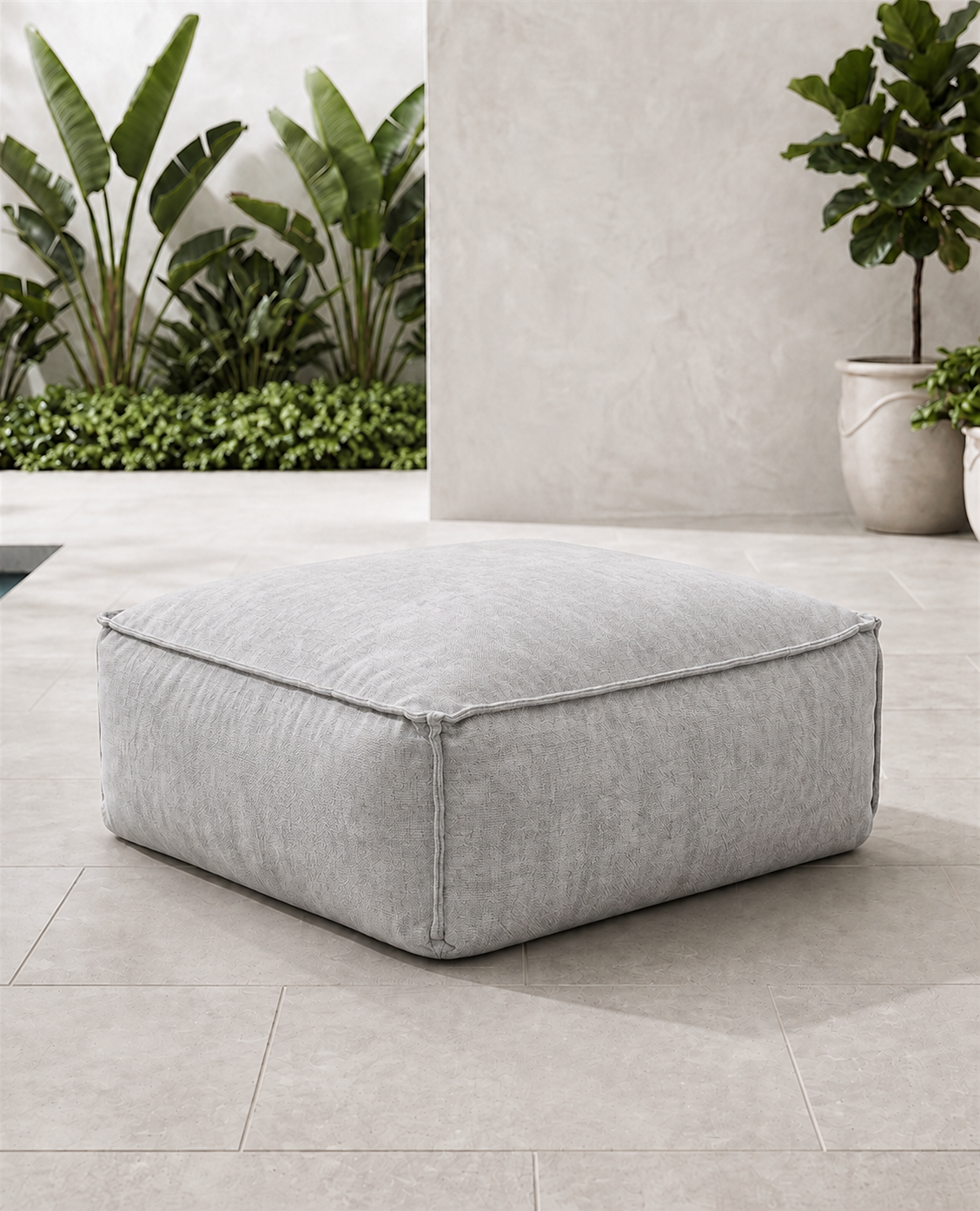 Cove outdoor ottoman in Pebble Sunbrella fabric