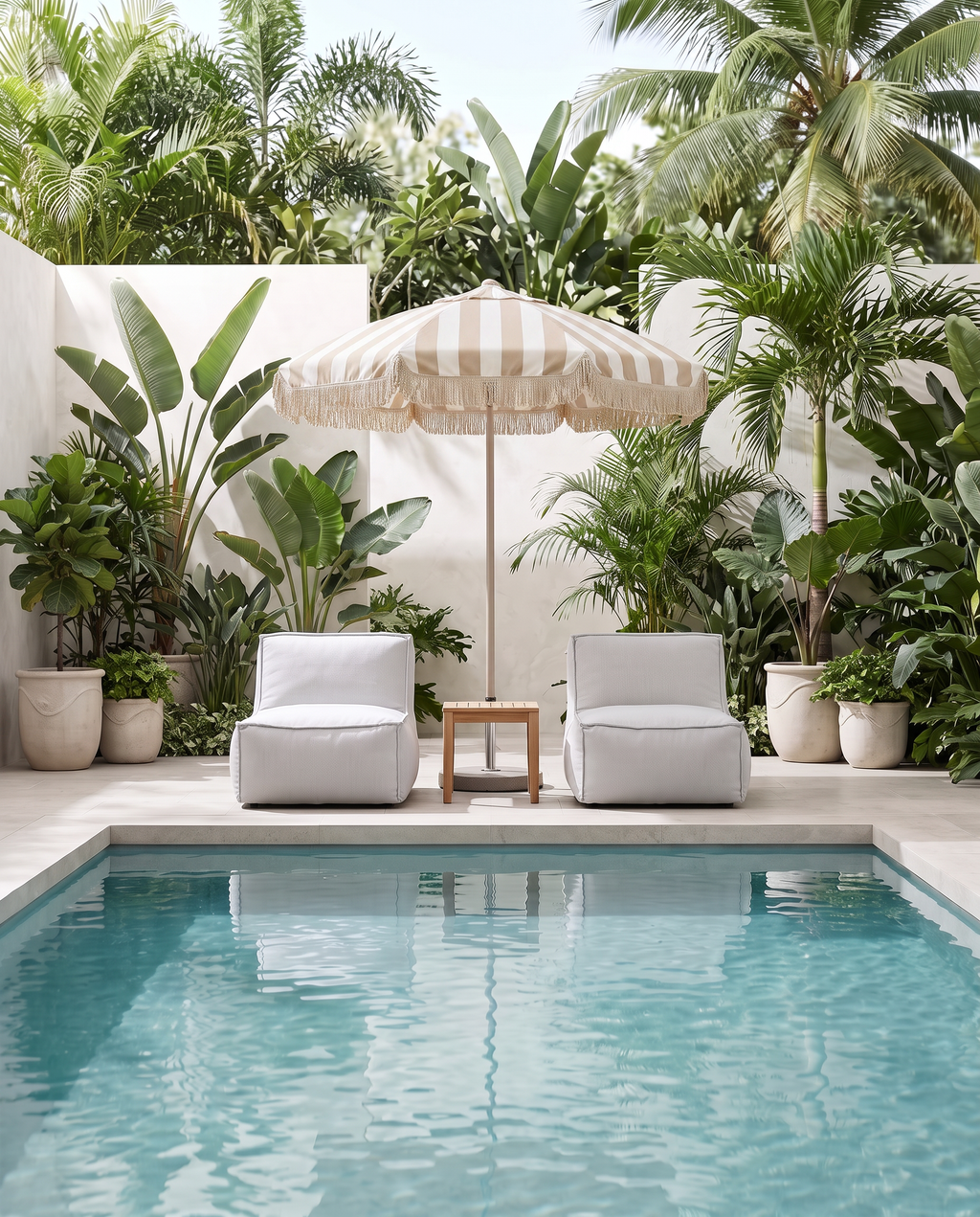 Two Cove outdoor lounge chairs beside a pool with a striped umbrella and tropical planting