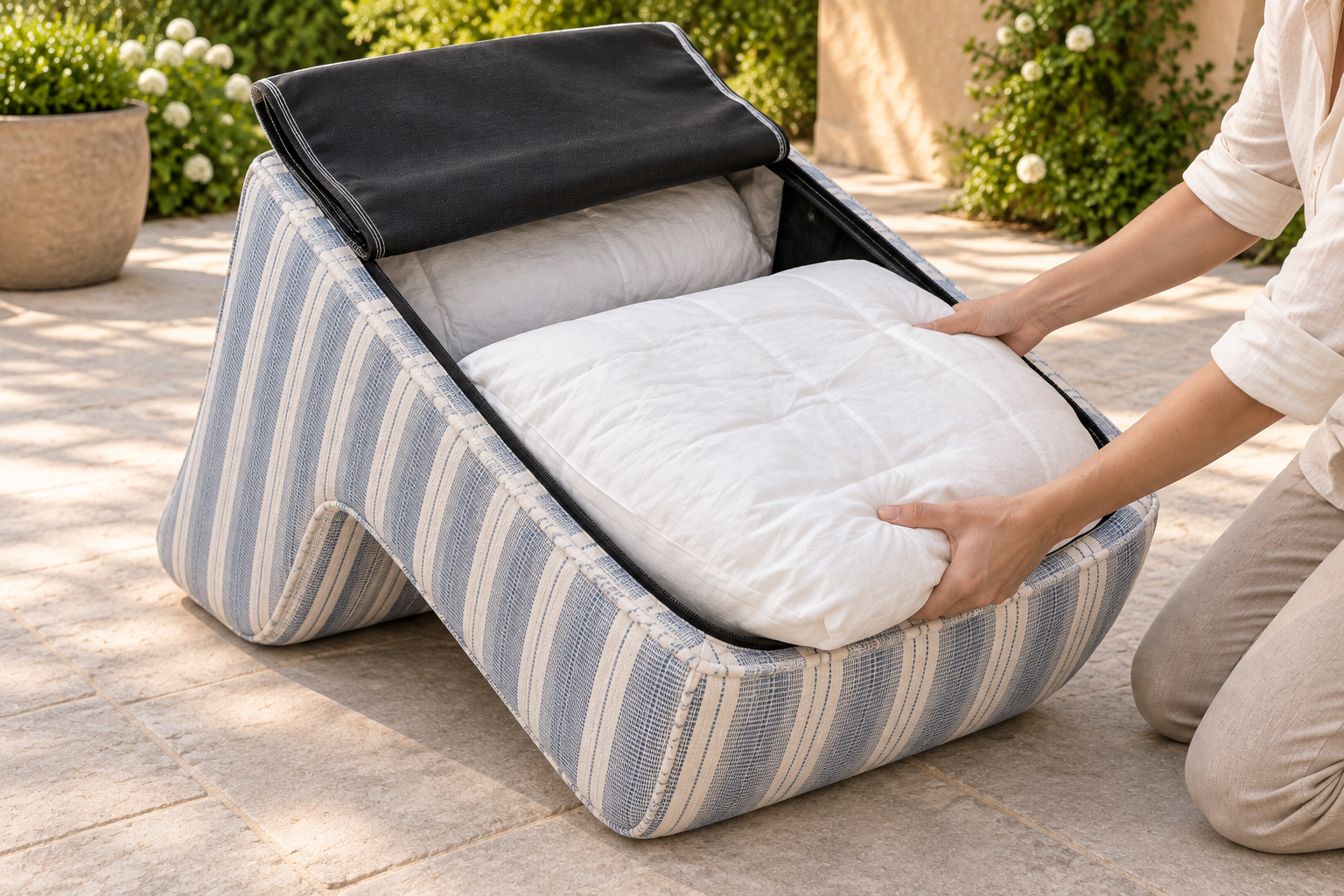 Placing a ticking-enclosed core inside the Cove cover outdoors